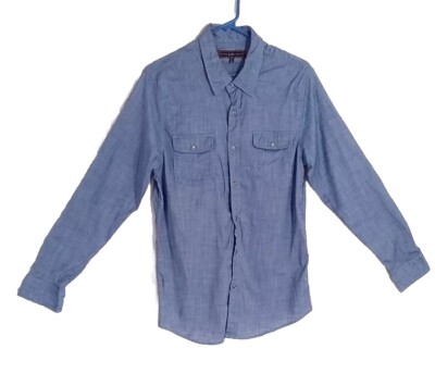 PD & C Shirt Men Size Large Blue Pearl Snap Front Long Sleeve Tailored Look