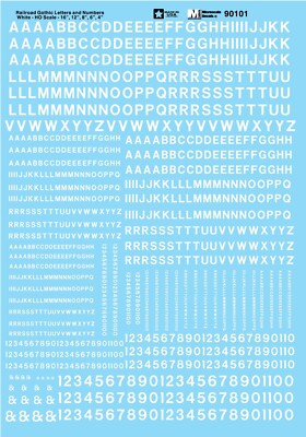 Microscale Decals 90101 HO 1/87 Railroad Gothic Letters Numbers White Waterslide