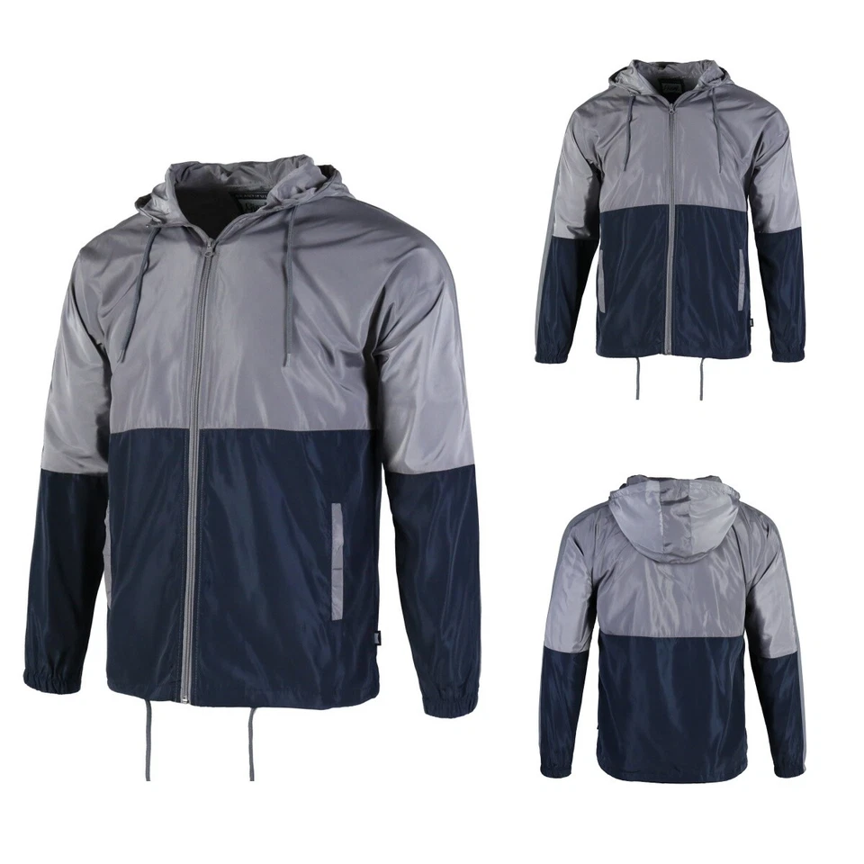 Chaqueta cortavientos ligera con capucha para hombre cremallera completa ropa exterior deportiva gris azul marino Foto 4 de 4
