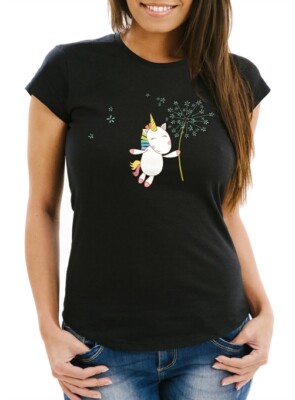 Damen T-Shirt Einhorn mit Pusteblume Unicorn with Dandelion Slim Fit Moonworks 