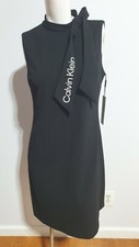 NEW CALVIN KLEIN TIE BOW CREW NECK BLACK SLEEVELESS SHEATH DRESS SIZE 4