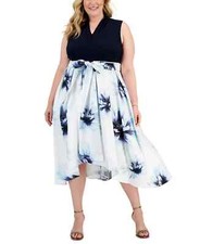 Sl Fashions L62712 Womens Navy Plus Size Pleated High-Low Dress Size 24W
