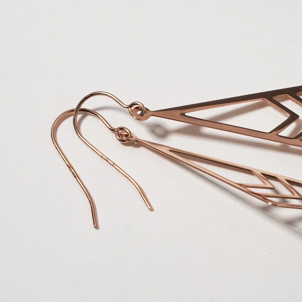 Brincos pendentes de ouro rosa 10 quilates estilo art déco em forma de pipa gancho gota - Imagem 4 de 4