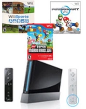 Nintendo Wii Console Black Bundle Set Mario Kart + Wii Sports + New Bros RVL-001