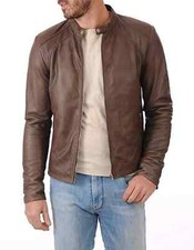 Men's Brown Real Lambskin Leather Cafe Racer Motorcycle Biker Jacket Zip Up Coat