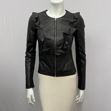 Pinko Leather Stretch Jacket Black Ruffles Size I 38 Usa 2