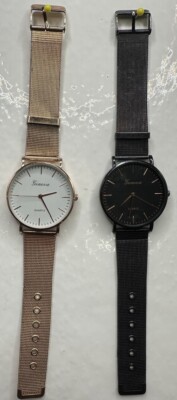 2 GENEVA Women's Watches Gold Tone Mesh Buckle Band & Black Tone Mesh Buckle Ban