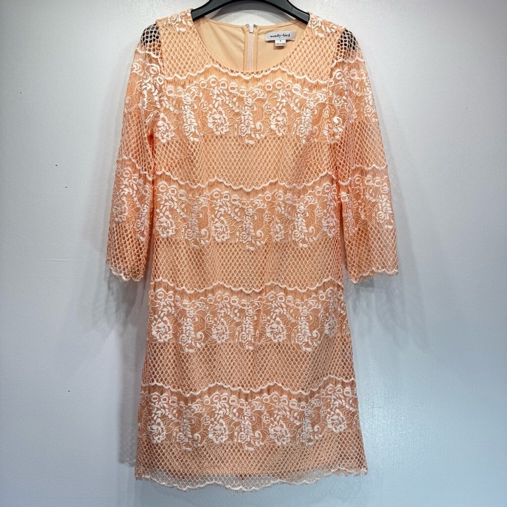 Pale Orange Peach Sheer Mesh Lace Overlay Sheath Dress 3/4 Sleeves Wendy Bird image 8