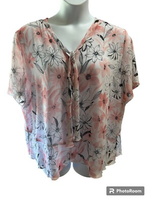 Alfred Dunner Pink Floral Lined Flutter Sleeve Ruffle Bottom Blouse, Size 24