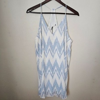 Three Eighty Two Dress Tanner Slip White Blue Chevron Dot Print Mini Cocktail