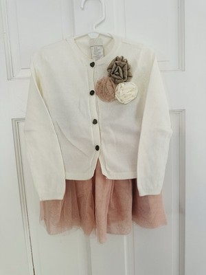Two Hearts Toddler Girls Two Piece Sweater & Tulle Skirt Pink, Ivory & Gold 4T