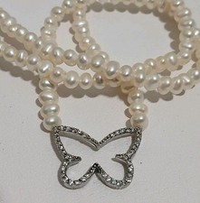 Cultured Pearl Sterling Silver Cubic Zirconia CZ Butterfly Pendant Necklace 16"