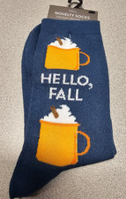 Fall Novelty Socks HELLO FALL Blue Crew Socks Size 4-10 Coffee Hot Chocolate