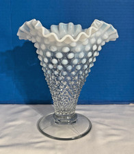 Vintage Fenton French White Hobnail Opalescent Vase Ruffled Crimped 7.5" 4058