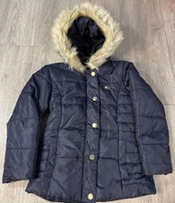 Tommy Hilfiger Girls Puffer Jacket With Faux-Fur Hood Navy Blue Flag Sz Small 7