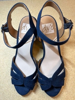 DV8  Dolce Vita Womens Navy Blue Suede Gold Metallic Cork Wedge Sandals Size 7.5