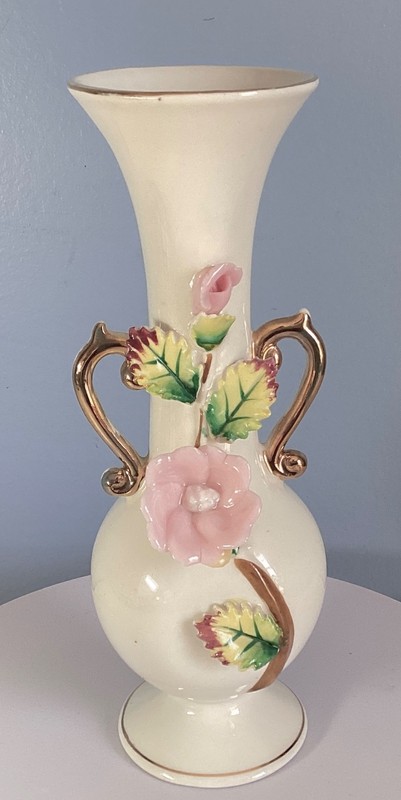 WHITE CERAMIC VASE with Pink ROSE RELIEF by UCAGCO Ceramic Japan