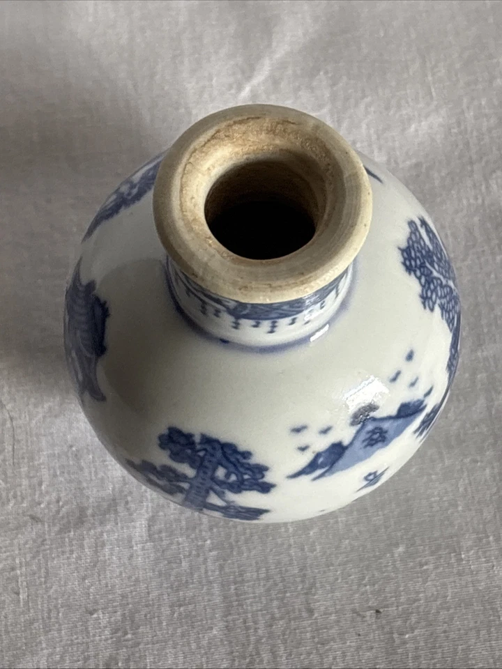 Antigua botella de tabaco china azul blanco porcelana paisaje 4 pulgadas falta tapa Foto 3 de 4