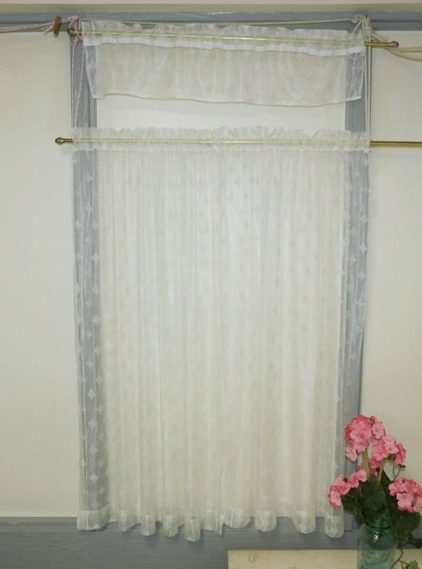 Vintage Diamond Sheer Lace Cafe Curtains 3 Pc Set Shabby Farmhouse Cottage