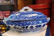Vintage Flow Blue Toy BLUE WILLOW Casserole Bowl Lidded 1930s Japan 5 1/2