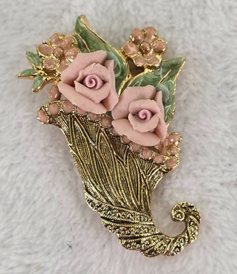 Vintage 1990s Cornucopia Pin by 1928 Pink Porcelain Roses and Gold Tone Metal
