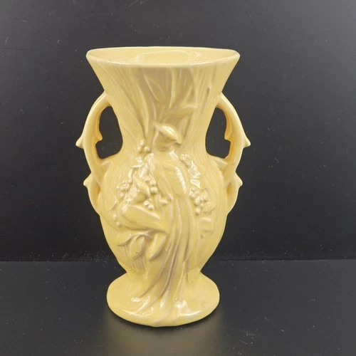 Vintage McCoy Art Pottery Yellow Vase Double Handle Bird of Paradise 8.5" 1940s
