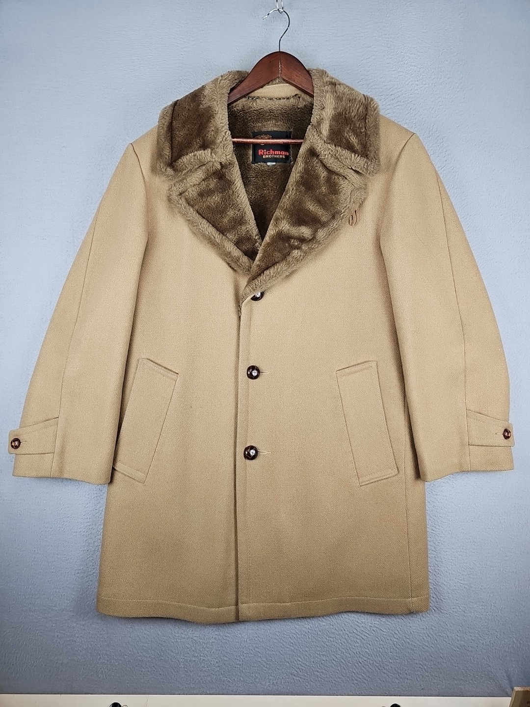 Vintage 70's Richman Brothers Brown Polyester Men's 38 REG Long Coat Jacket