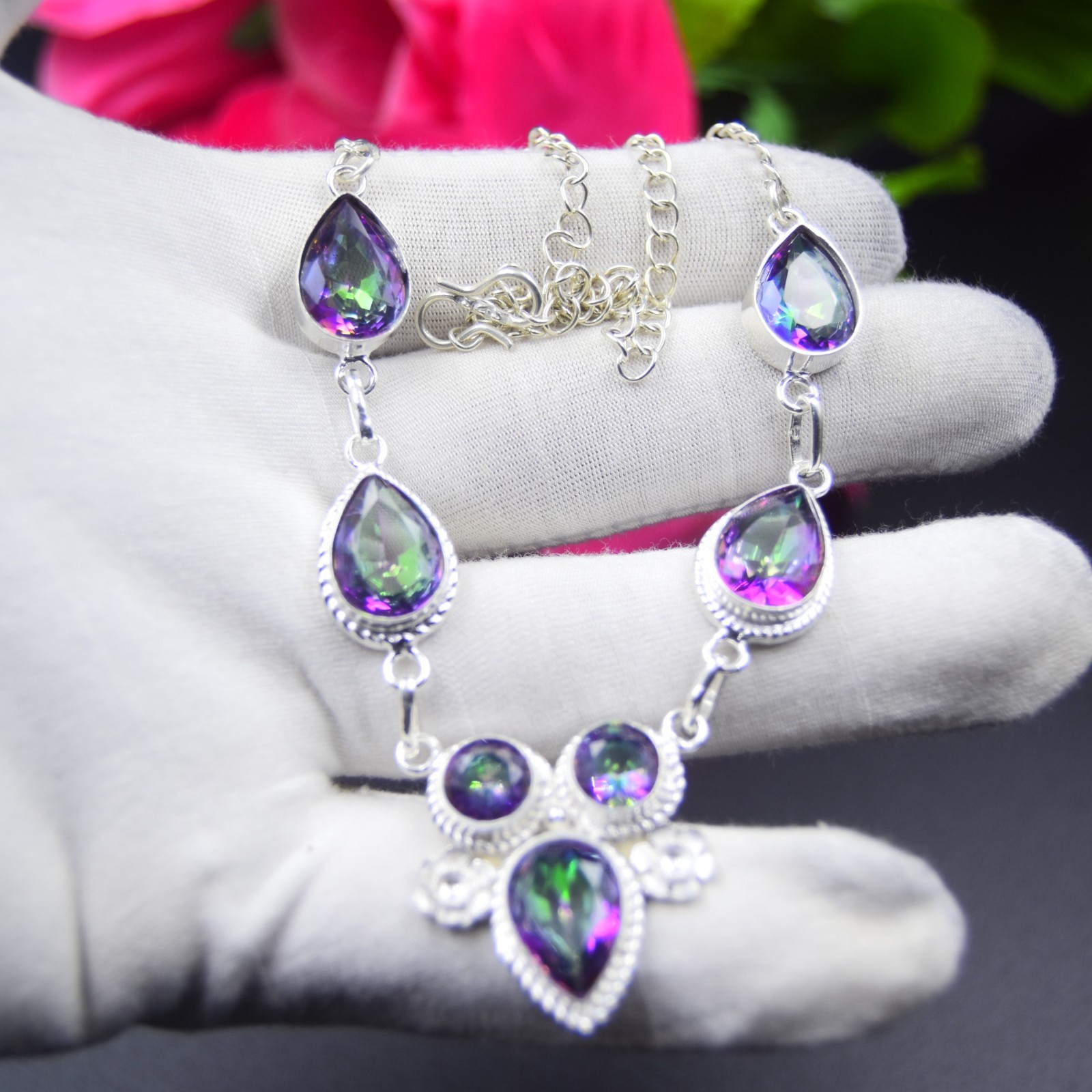 Mystic Topaz Gemstone Handmade 925 Sterling Silver Jewelry Necklace Sz-17-18