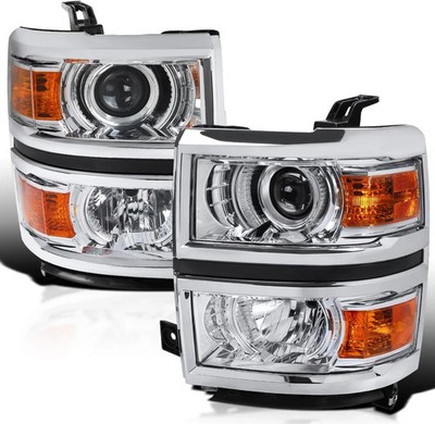 Chrome Projector Headlights W/Silver Trim Compatible with 2014-2015 Chevy Silver
