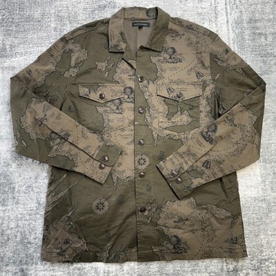 Banana Republic Shirt Jacket Men Large Green CPO Twill Shacket World Map Travel