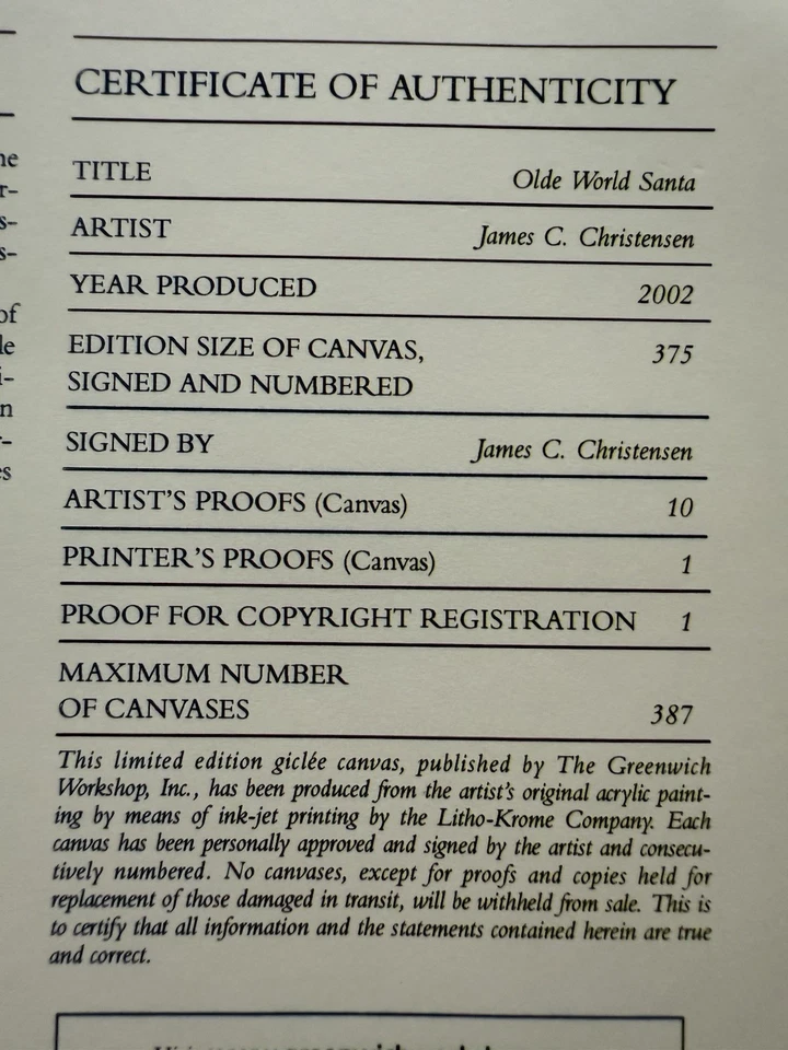 James Christensen OLDE WORLD SANTA Giclee canvas, Christmas, Limited #190/375 - Image 4 of 4