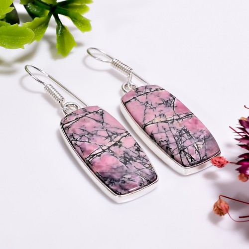 Boucles D'oreilles Pendantes En Rhodonite Et Tourmaline Rose Argenté - Faites En France, Neuves