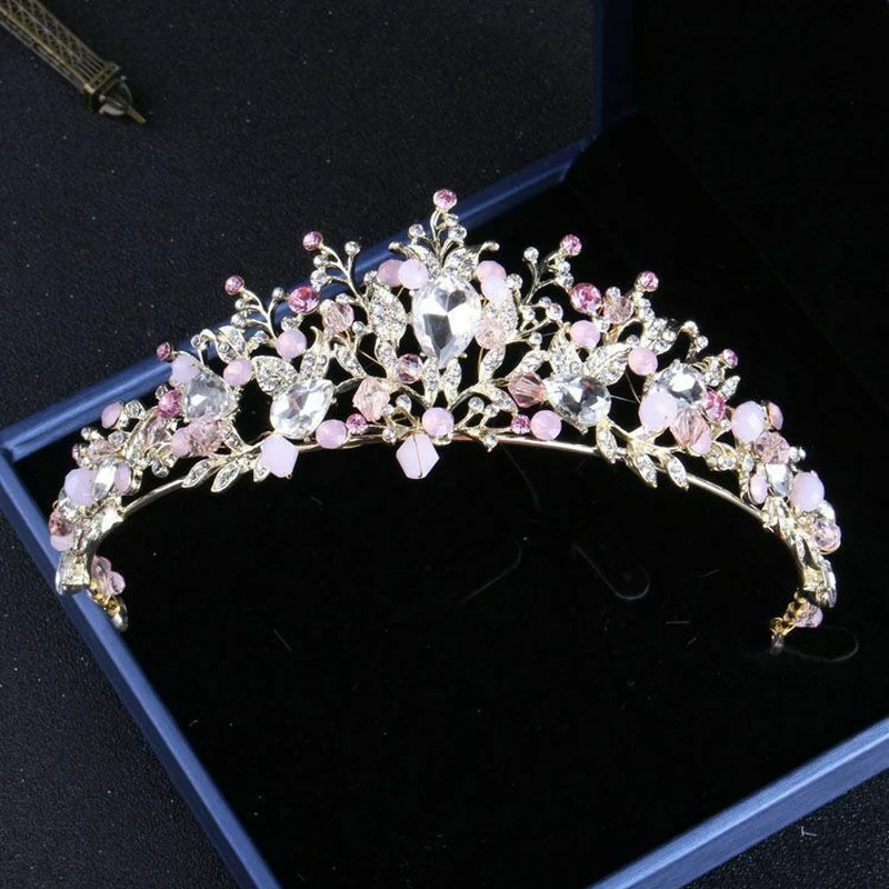 Creative Bride Pink Crystal Wedding Jewelry Baroque Tiara Necklace Earrings Set - Image 3 of 4
