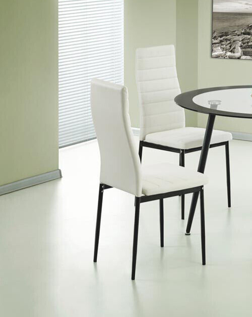 Four Dining Kitchen Table Chairs White Leather Top with Black Metal Legs
