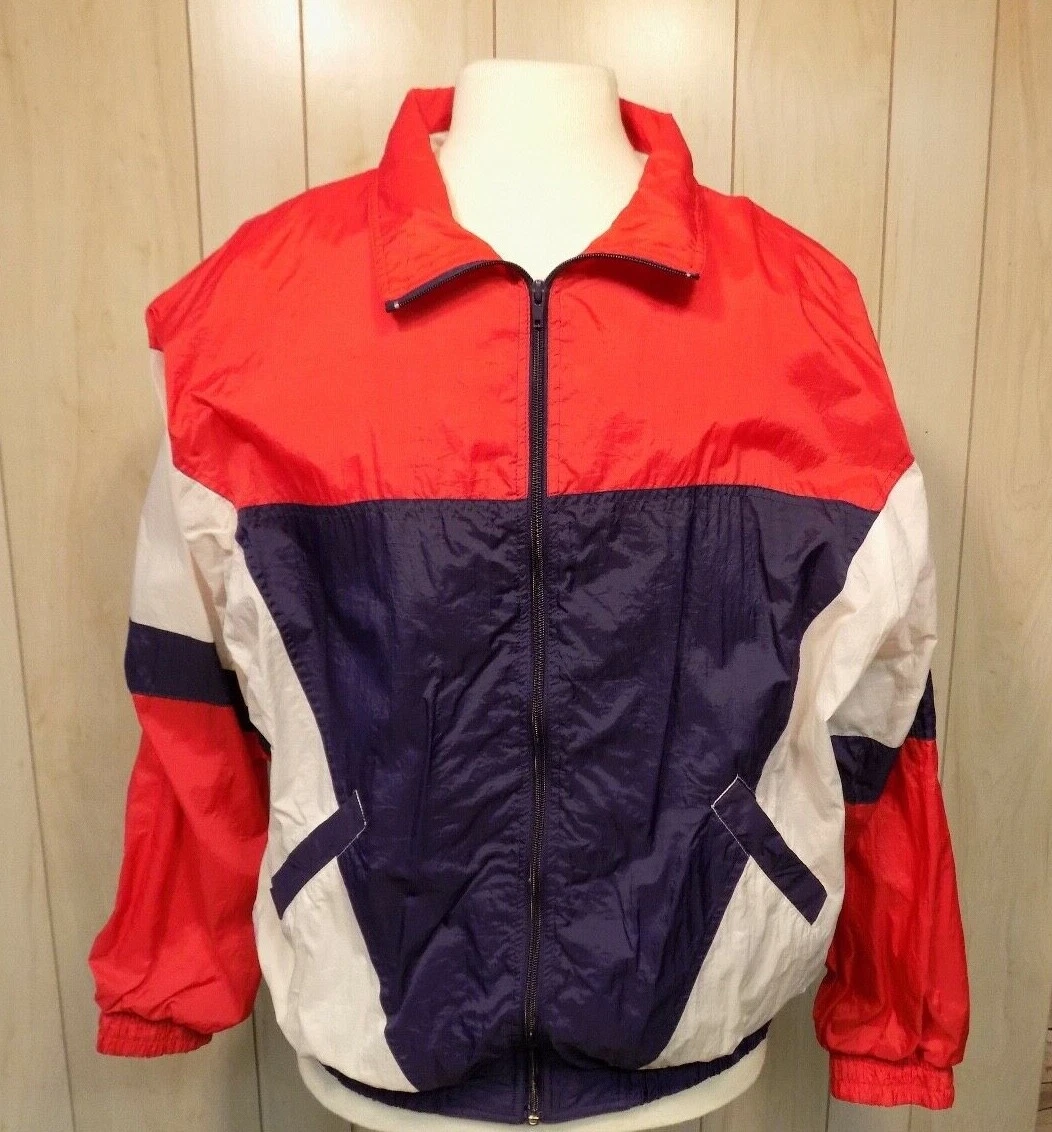 VTG Spalding Men's Red White Blue Windbreaker Jacket Waterproof Lined Size XL
