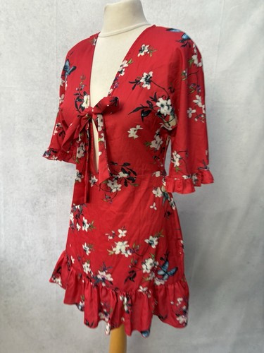 Parisian Red Floral Dress Size 10 Petite Short Sleeve V Neck Short Polyester - Picture 9 of 12