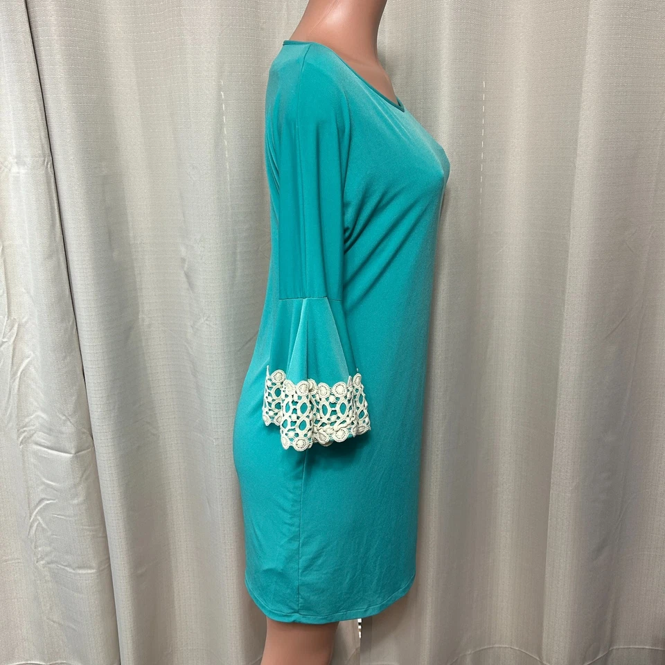 Judith March Bell Sleeve Pullover Mini Dress Women's Sz Large Teal Crochet Trim - Image 2 of 4