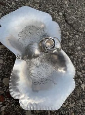 Vintage 1950s Hand Hammered Silver Aluminum Handled Dish Basket~Floral Rose, Mum