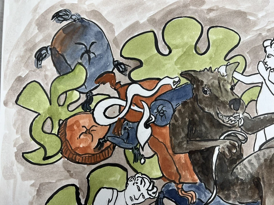 Pintura de acuarela surrealista de lobo relajante en almohadas sin terminar medios mixtos Foto 2 de 4