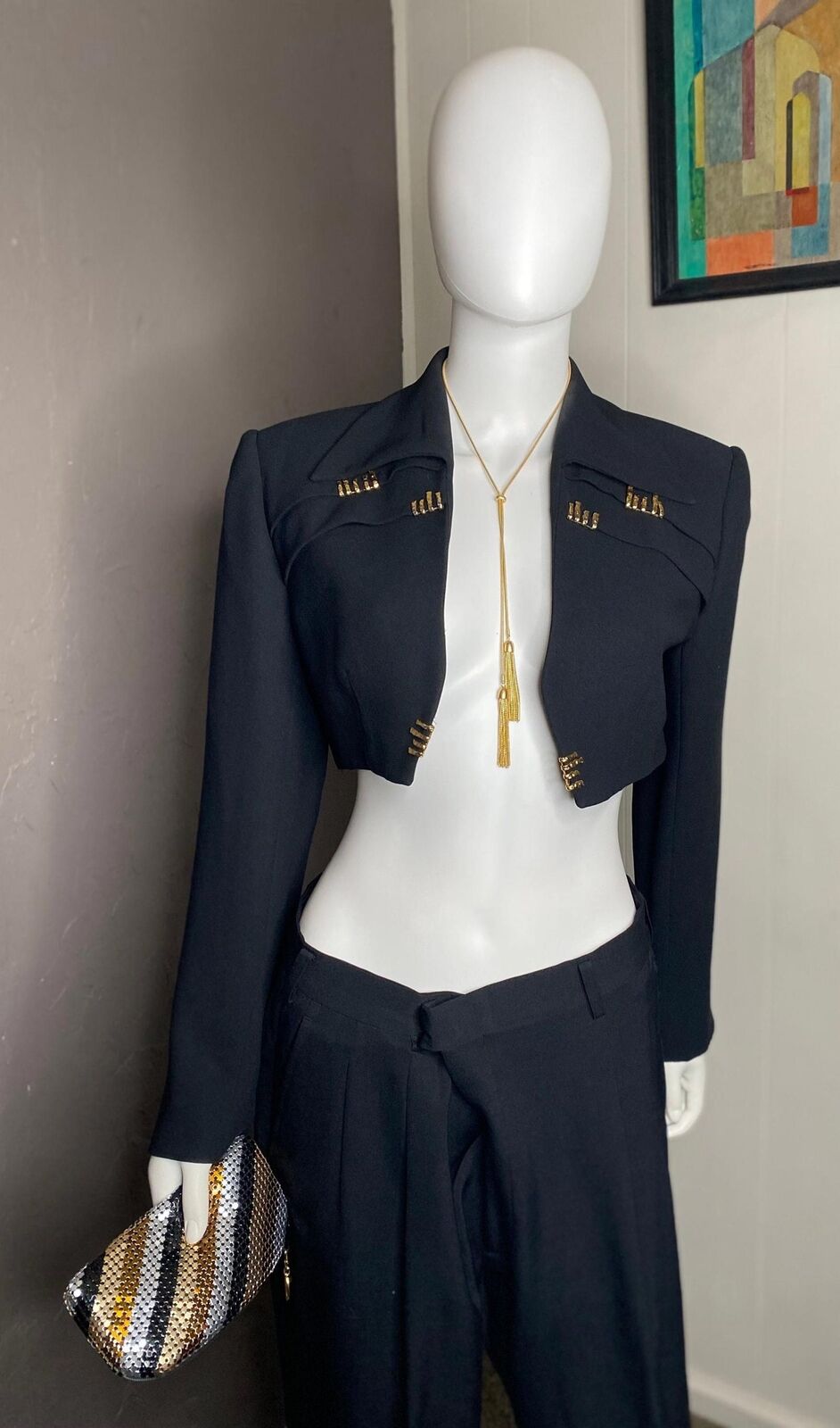 1980's Cropped Black Blazer with Gold Brass Bars … - image 2