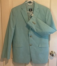 J. Khaki Boy  s Blazer Jacket Turquoise 100 Cotton Chambray Fully Lined Size 18