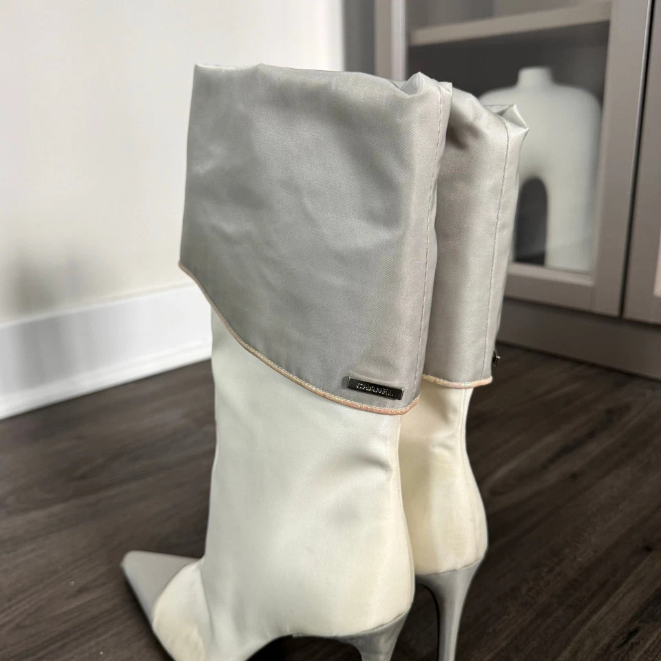 CHANEL Satin Sock White Grey Point Cap Toe Calf Booties 37 Pull On Metallic Trim - Image 4 of 4