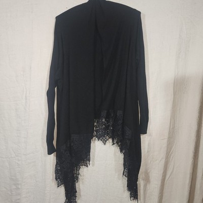 NEIMAN MARCUS sz M black open front cardigan sweater lace trim long sleeves