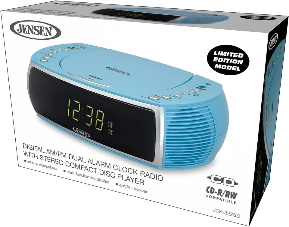 Jensen Sky Blue Modern Home CD Tabletop Stereo Clock Digital AM/FM Radio - Image 4 of 4