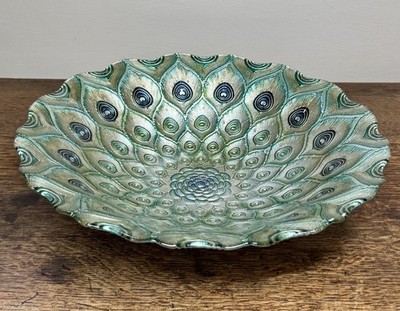 Türkische Pfauenfeder Kunst Glas Schale grün blau irisierend 30 cm