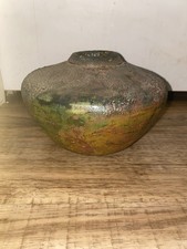 Studio Pottery Squat Raku Vase Textured Iridescent Signed “KHK