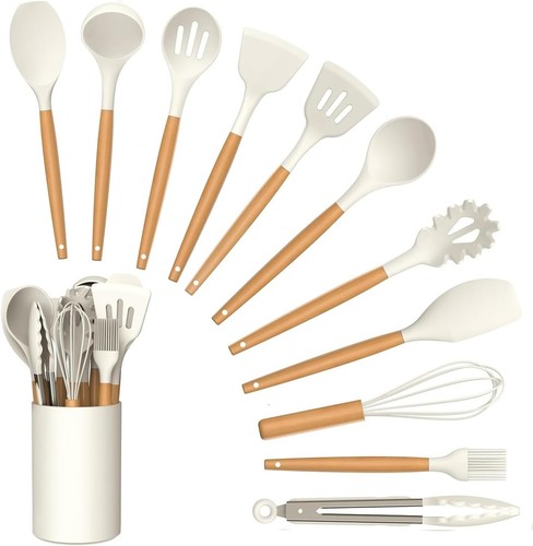 12Pcs Kitchen Utensils Set Cream Silicone Cooking Tools Dishwasher Safe