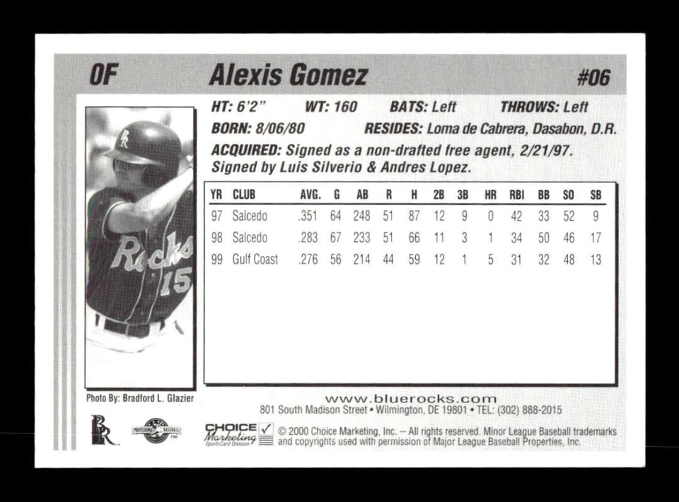 2000 Choice Wilmington Blue Rocks #6 Alexis Gomez NM++ BXCP03 - Image 2 of 2