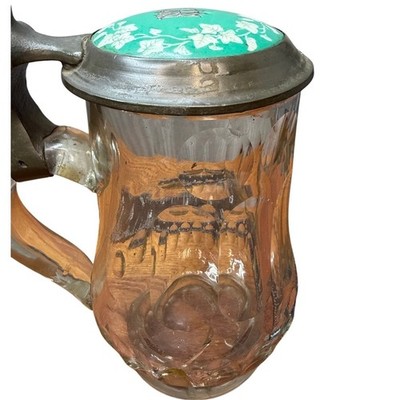 Antique Glass Beer Stein Porcelain Ivy Lid Monogram Thumb Lift Tankard-crack