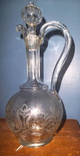 ANTIQUE FRENCH ETCHED LONG NECK GLASS WINE CLARET WITH STOPPER (HAND BLOWN)